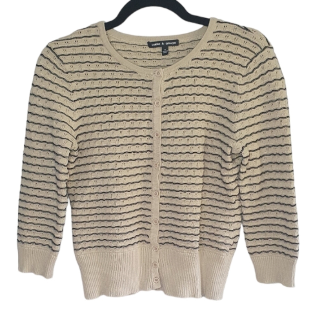 CABLE & GAUGE Button Up Cropped Knit Sweater Striped Tan/Black‎ Women's Size M